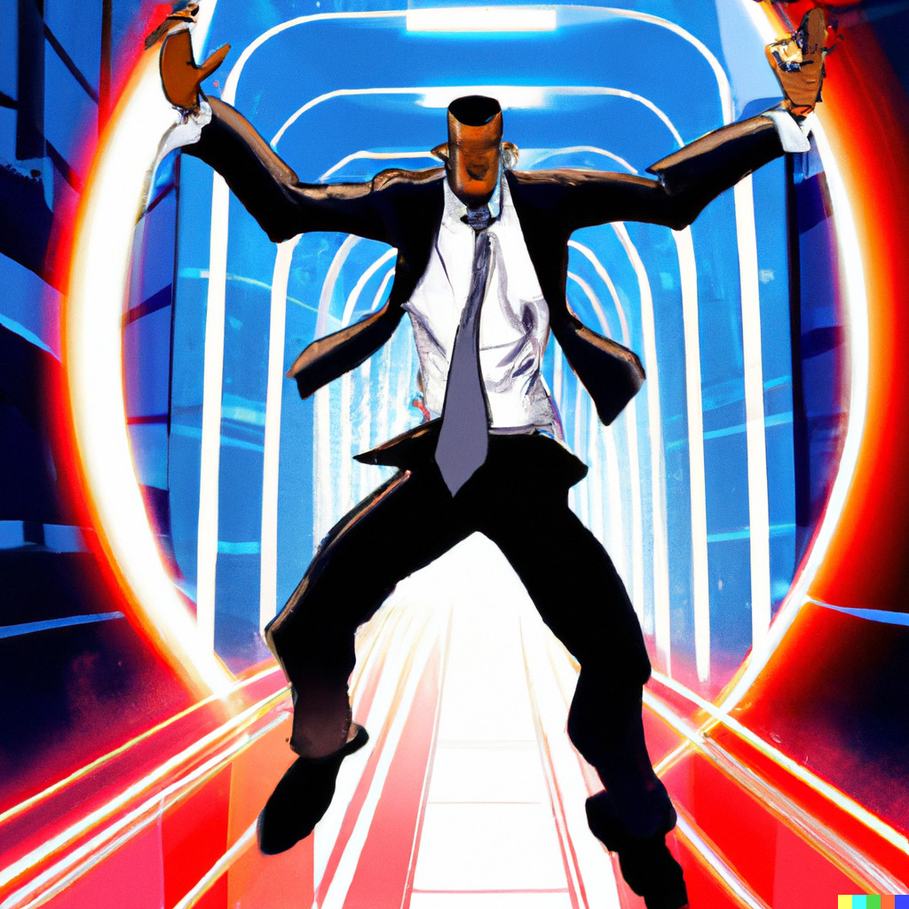 DALL·E 2022-09-03 16.14.06 - business man jumping in a multidimensional warp gate, comics marvel style