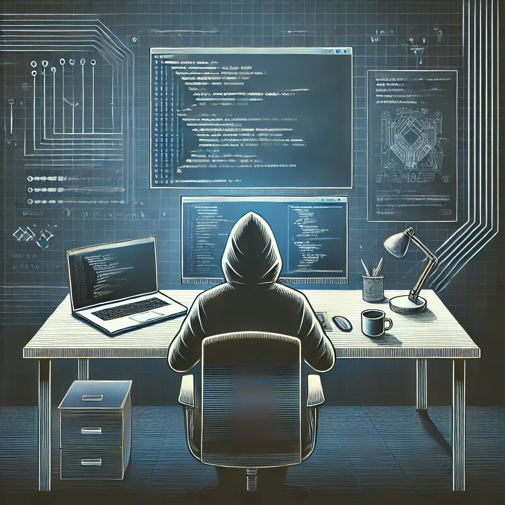 Dall·e 2025 03 20 12.41.54 a modern and minimalistic digital illustration featuring a software developer working at a desk with multiple monitors displaying lines of code. the b